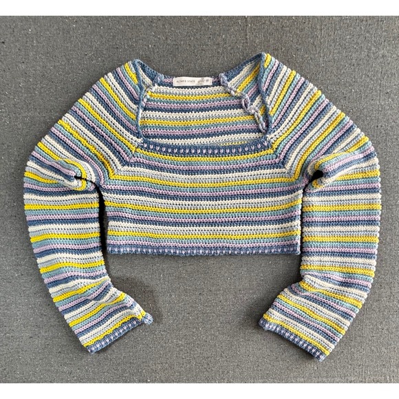 Altar'd State Tops - Altar'd State XS Striped Crochet Knit Cropped Sweater Square Neck Blue Yellow